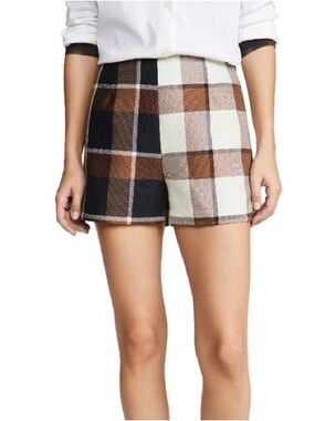 STAUD Leigh Plaid High-Rise Shorts in Black, Brown & Cream